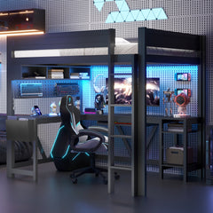 Wood Full Size Gaming Loft Bed with Desk, Storage Shelves, LED and Charging Station, Black