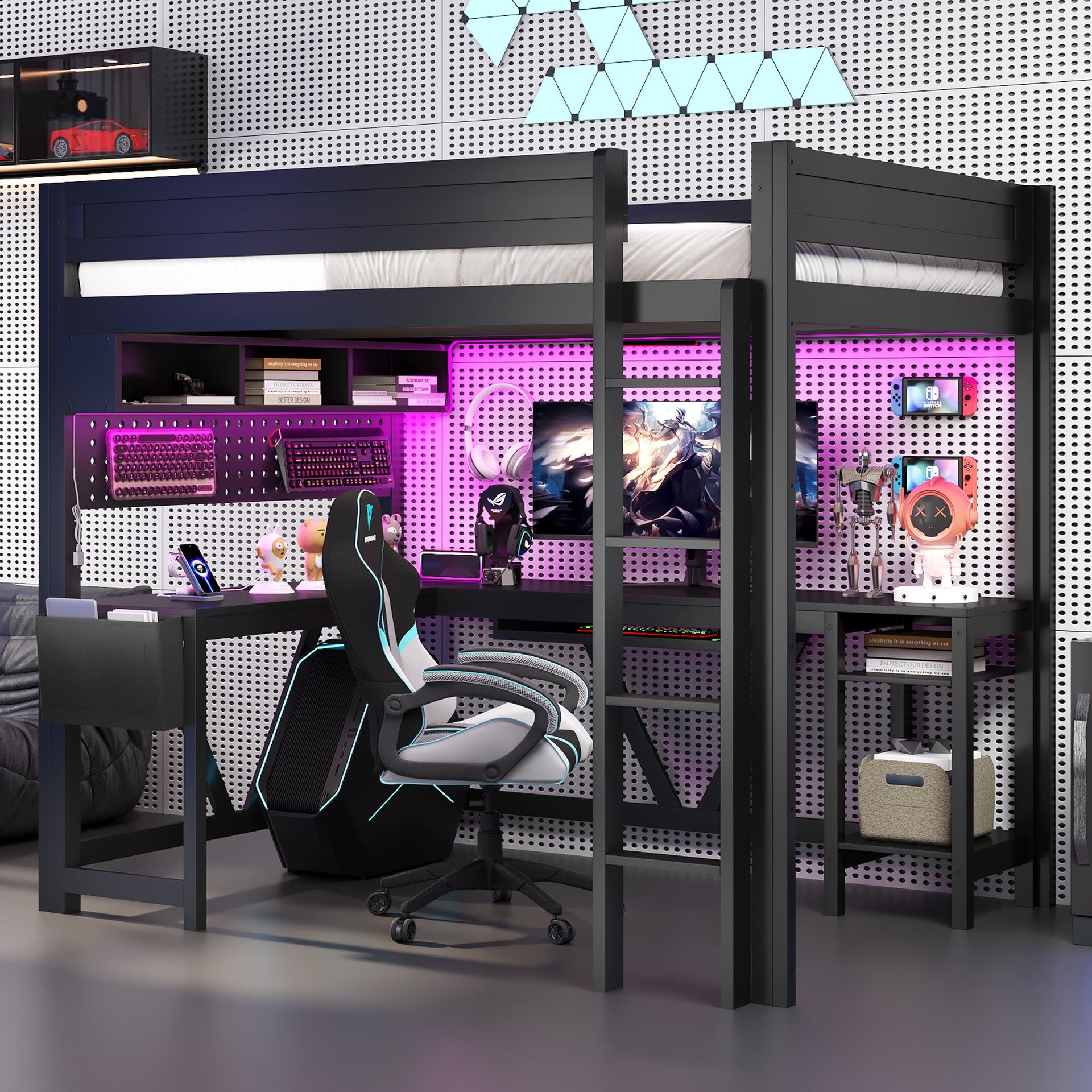 Wood Full Size Gaming Loft Bed with Desk, Storage Shelves, LED and Charging Station, Black