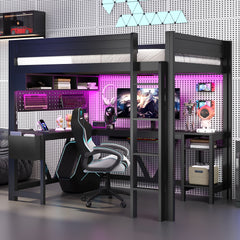 Wood Full Size Gaming Loft Bed with Desk, Storage Shelves, LED and Charging Station, Black