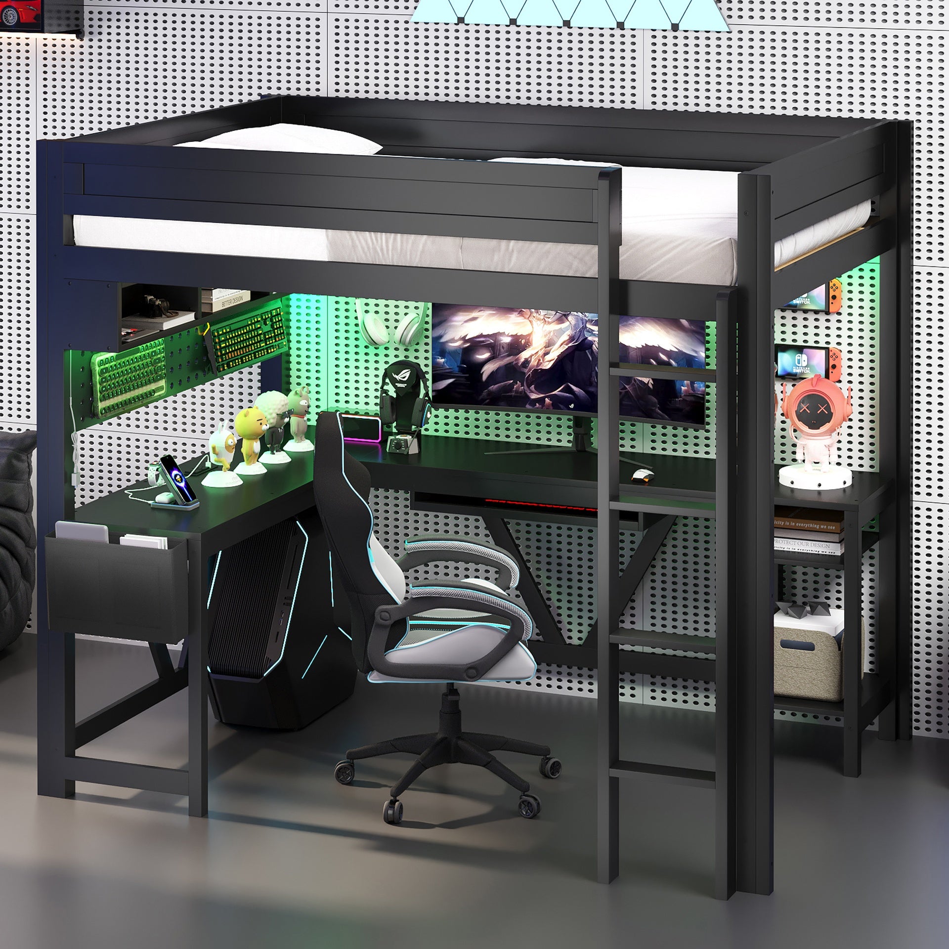 Wood Full Size Gaming Loft Bed with Desk, Storage Shelves, LED and Charging Station, Black