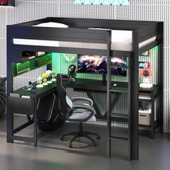 Wood Full Size Gaming Loft Bed with Desk, Storage Shelves, LED and Charging Station, Black