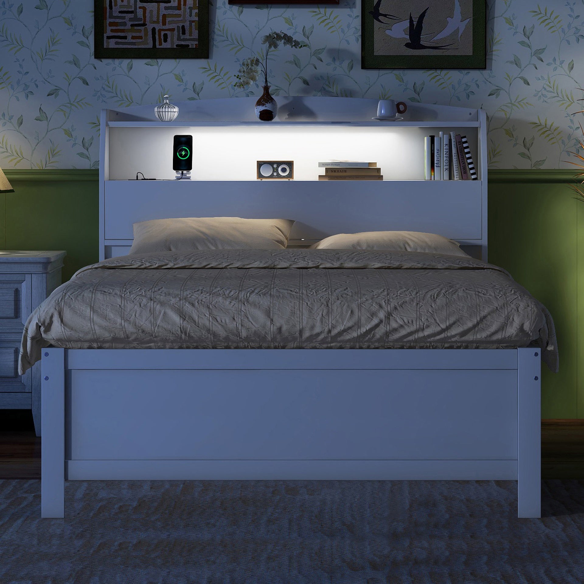 Full Size Wooden LED Platform Bed with Trundle, with Storage Headboard, with Drawers, White