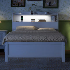 Full Size Wooden LED Platform Bed with Trundle, with Storage Headboard, with Drawers, White