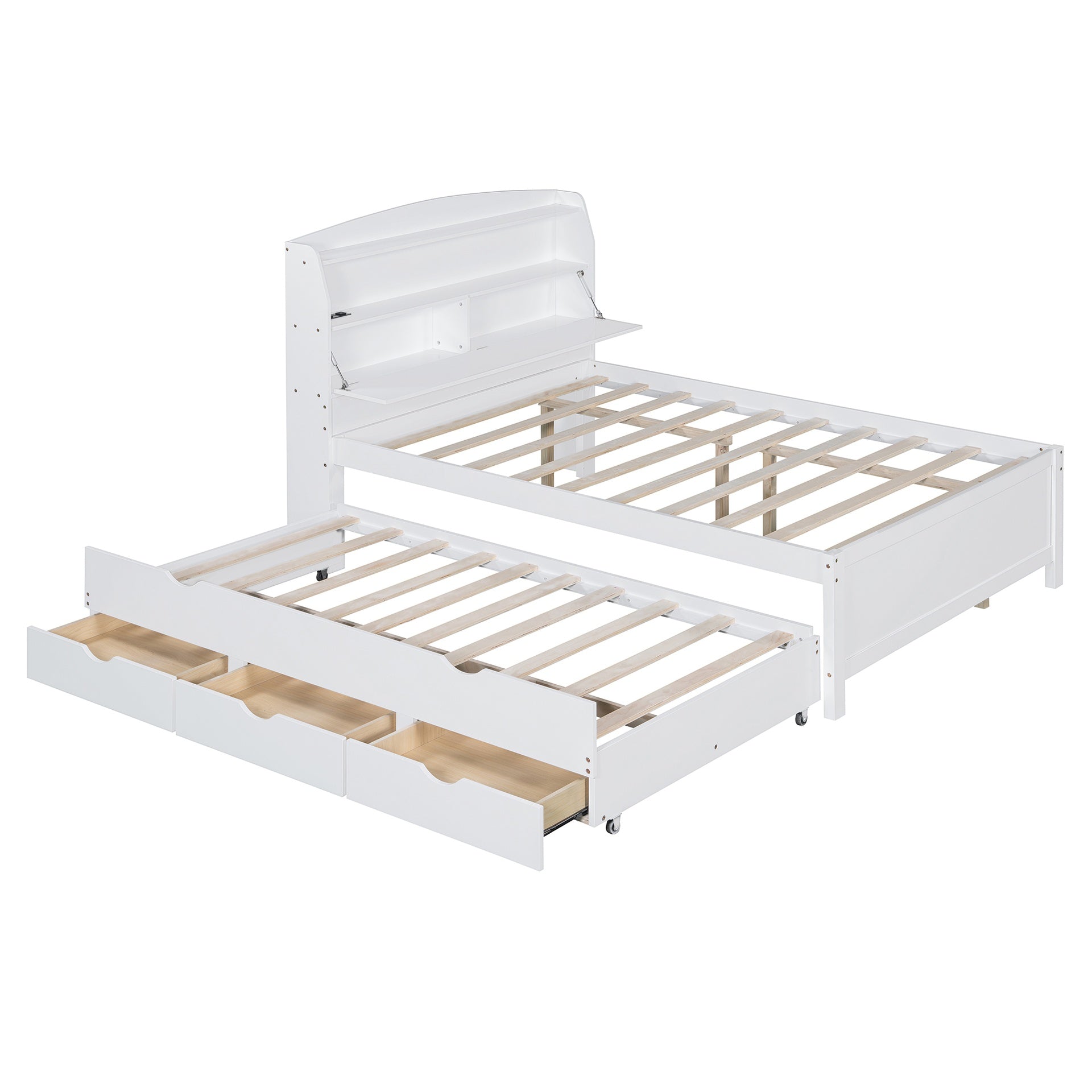 Full Size Wooden LED Platform Bed with Trundle, with Storage Headboard, with Drawers, White