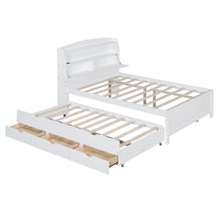 Full Size Wooden LED Platform Bed with Trundle, with Storage Headboard, with Drawers, White