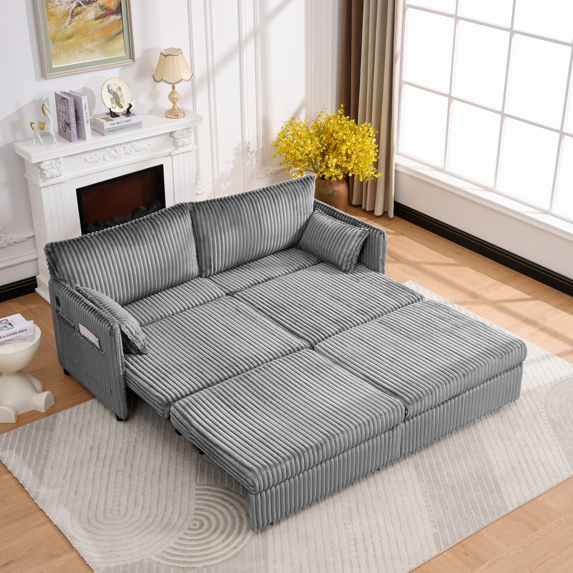 73"Convertible Sofa Bed,Pull Out Bed,3-in-1 Sofa with Side Pocket& USB Ports,Modern Corduroy Couch for Living Room, Small Space, Apartment, Bedroom, Grey