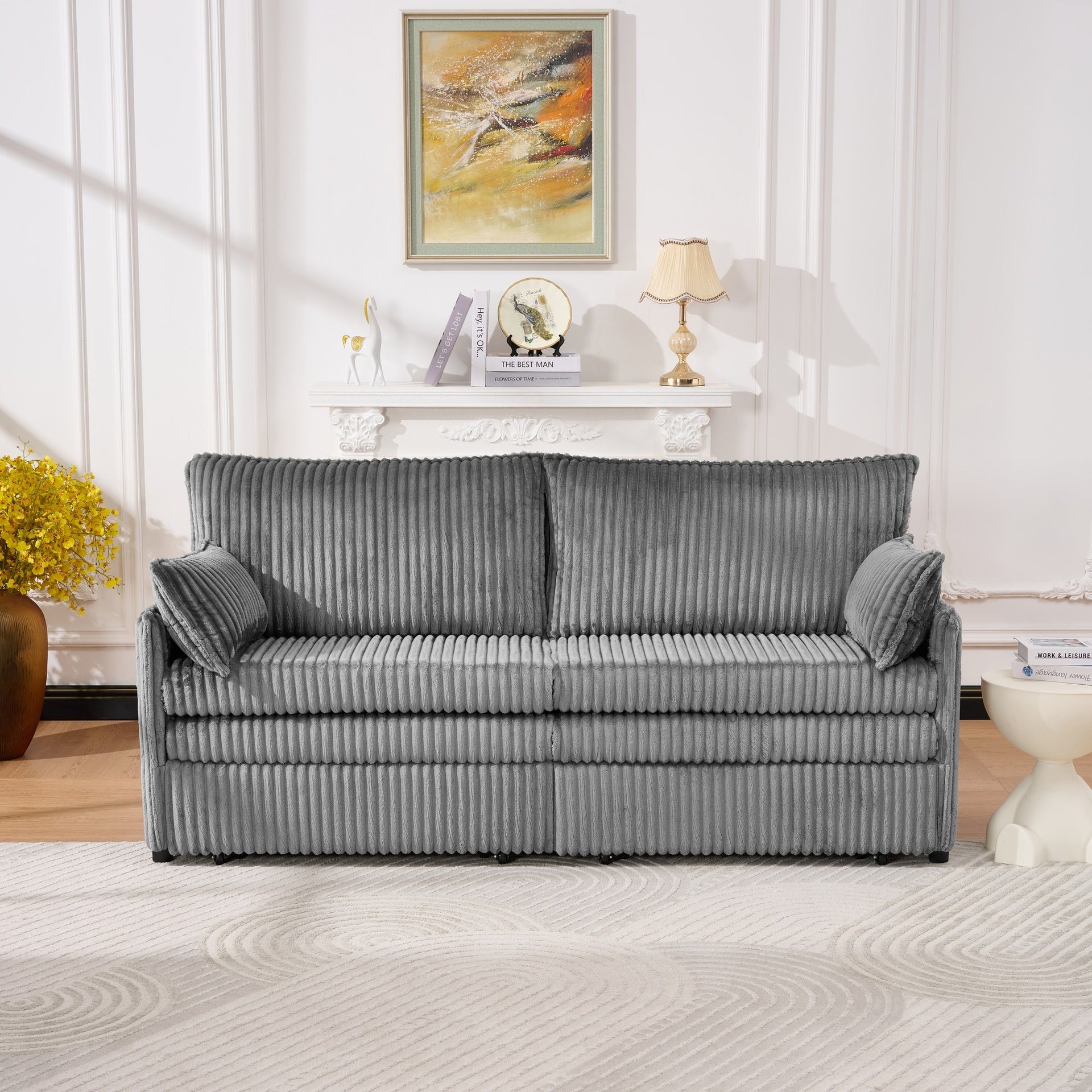 73"Convertible Sofa Bed,Pull Out Bed,3-in-1 Sofa with Side Pocket& USB Ports,Modern Corduroy Couch for Living Room, Small Space, Apartment, Bedroom, Grey