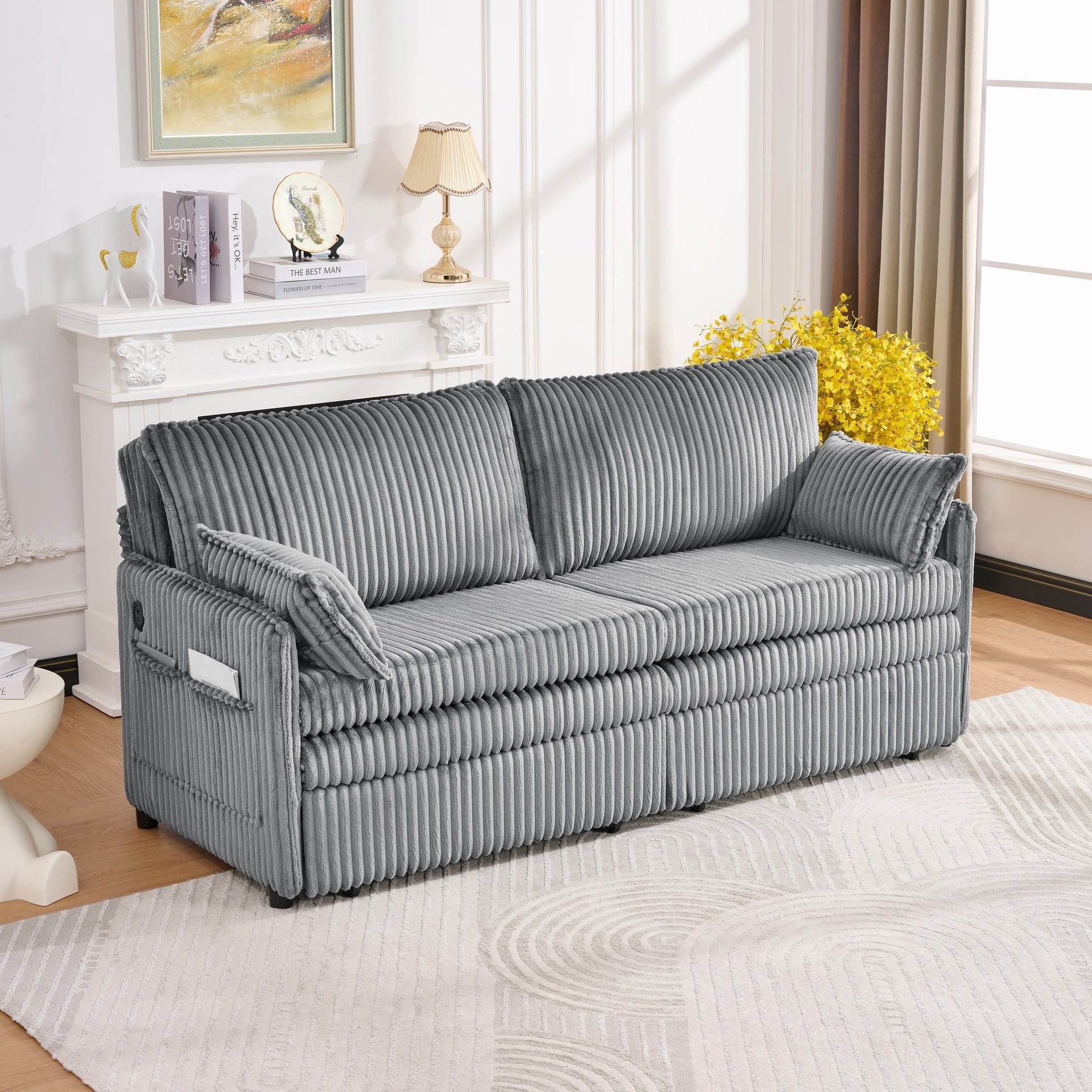 73"Convertible Sofa Bed,Pull Out Bed,3-in-1 Sofa with Side Pocket& USB Ports,Modern Corduroy Couch for Living Room, Small Space, Apartment, Bedroom, Grey