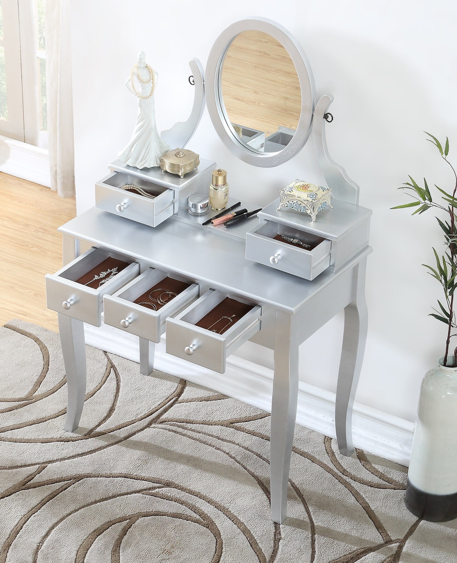 Ashley Wood Make-Up Vanity Table and Stool Set, Silver