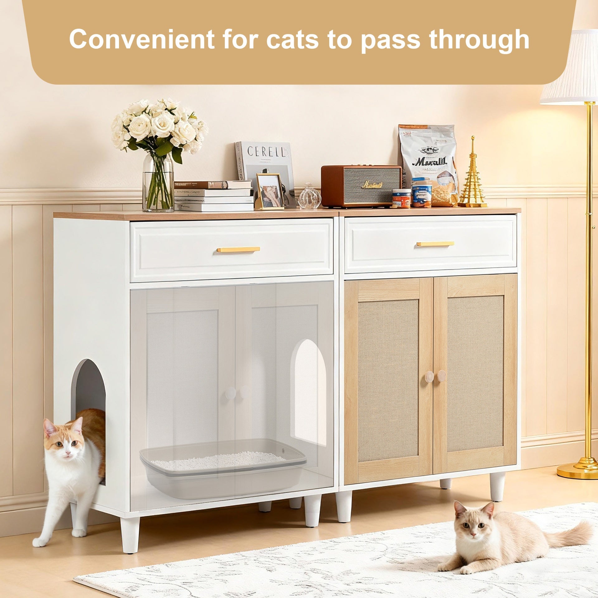 2-Piece Cat Litter Box Enclosure Furniture, 3-IN-1 Hidden Litter Box & Side Cabinet with Scratching Doors, Charging Station,  Drawer, Cat Friendly Modern Side Cabinet with Cat Hole