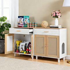 2-Piece Cat Litter Box Enclosure Furniture, 3-IN-1 Hidden Litter Box & Side Cabinet with Scratching Doors, Charging Station,  Drawer, Cat Friendly Modern Side Cabinet with Cat Hole
