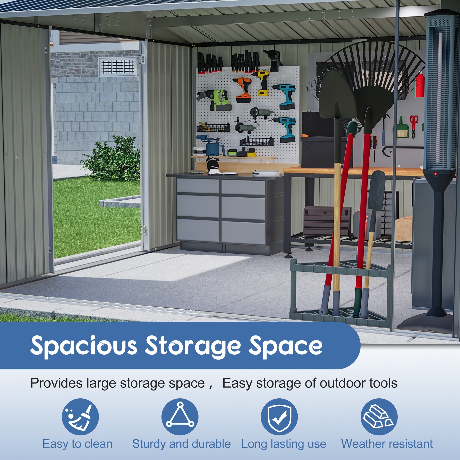 10x10 FT Large Outdoor Metal Storage Shed - Updated Heavy-Duty Frame & Lockable Double Doors, All-Weather Utility Garden Shed for Backyard, Lawn, Patio Tools & Equipment, Black