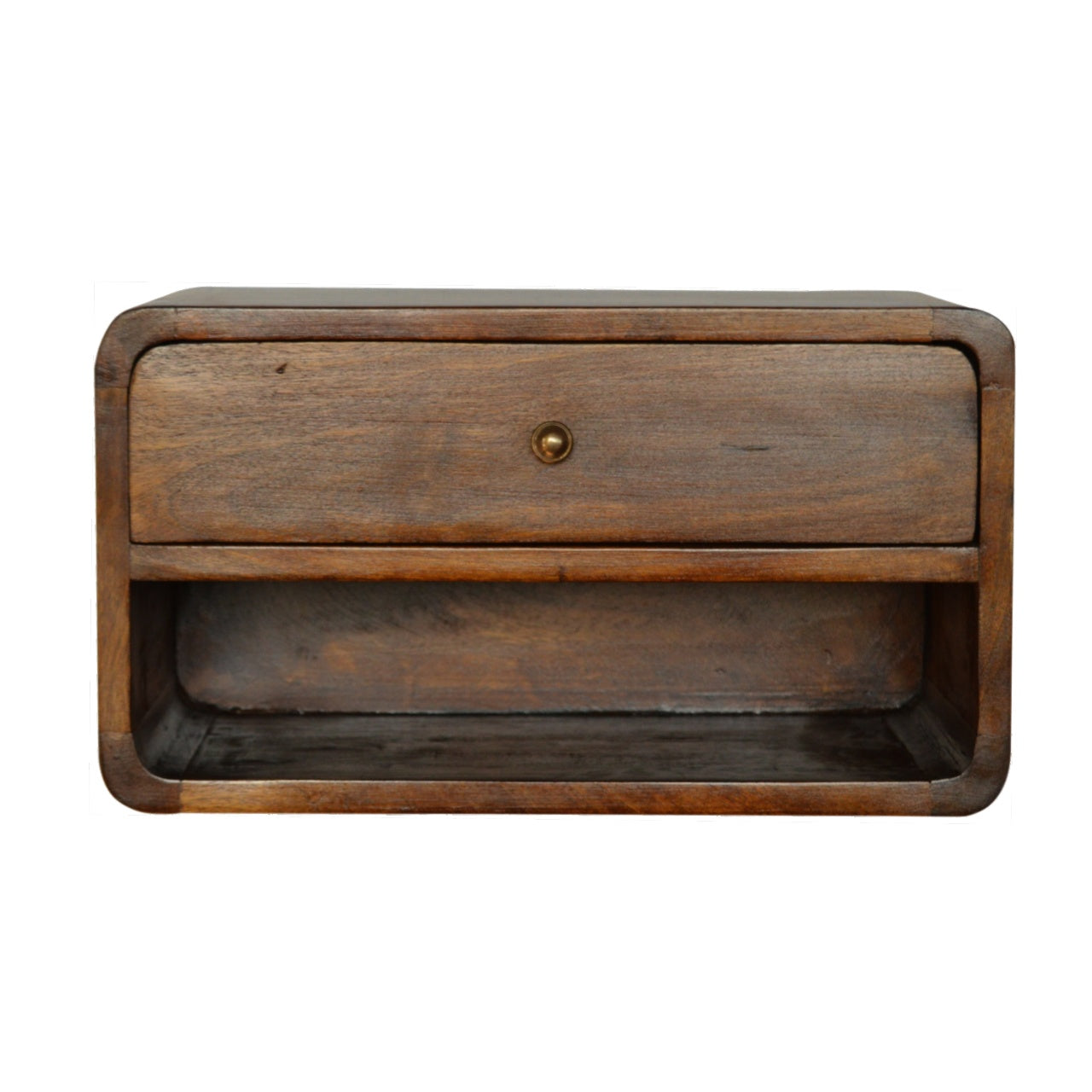 Solid Wood Curve Floating Bedside, 1-Drawer, 1 Open Slot, Chestnut, Brown