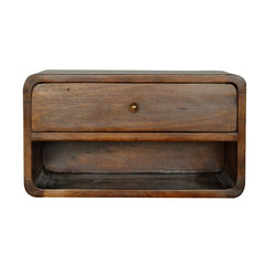 Solid Wood Curve Floating Bedside, 1-Drawer, 1 Open Slot, Chestnut, Brown