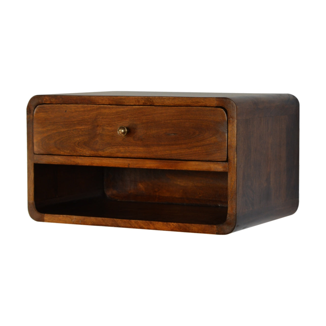 Solid Wood Curve Floating Bedside, 1-Drawer, 1 Open Slot, Chestnut, Brown