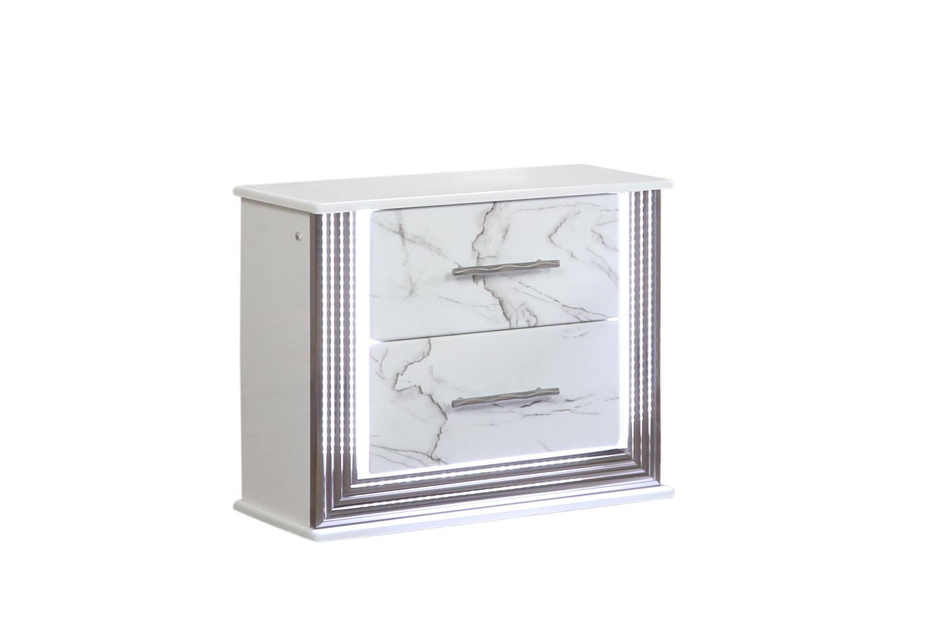 Desire Nightstand – Marble-Inspired Drawer Fronts, LED Side Lighting, and Metallic Trim for Glamorous and Practical Bedside Storage  Same as B009P309338 (CA inventory)