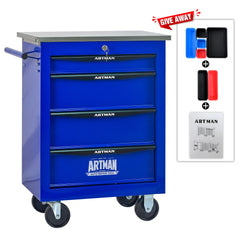 4 Drawers Multifunctional Tool Cart with Wheels,Metal Rolling Tool Cart Storage for Garage Workshop Warehouse Repair Shop--With  Stainless Steel Roof- BLACK&BLUE