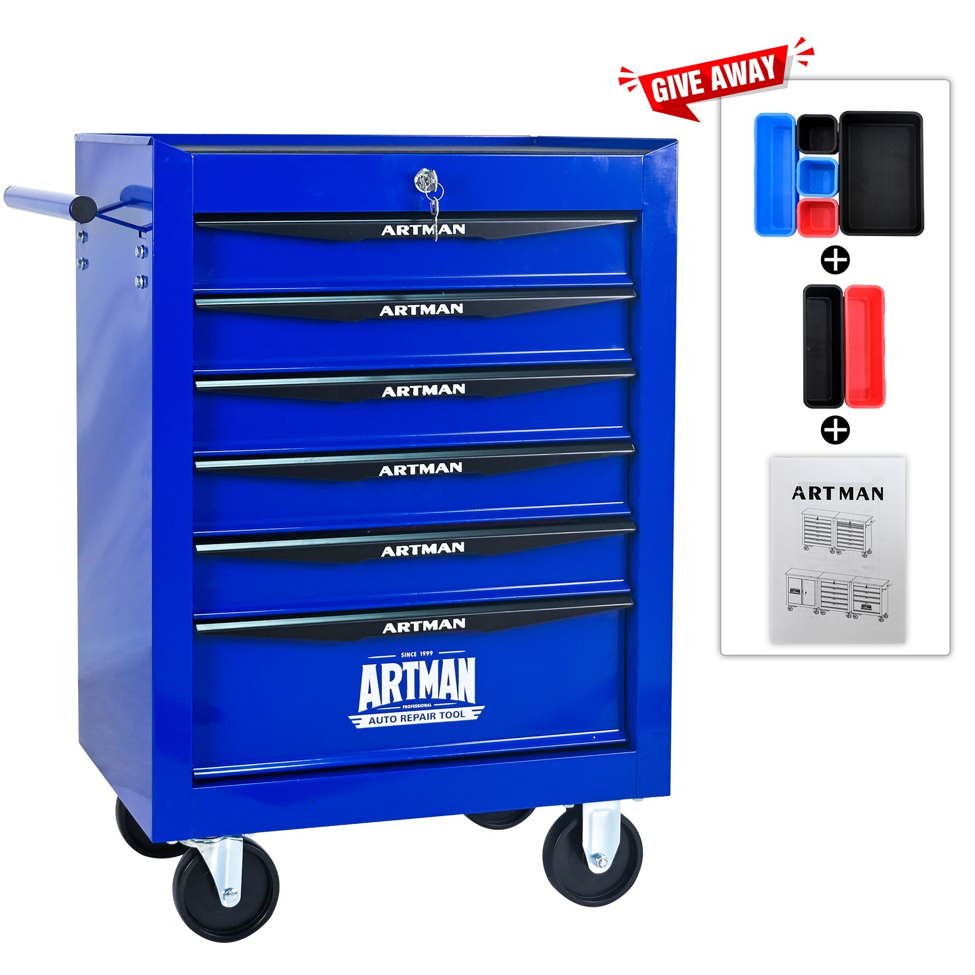 Rolling Metal Tool Chest with 6 Drawers, 20" 6-Drawer Tool Chest Cabinet with Ball Bearing Drawer Slides, Steel Tool Storage Box Organizer -BLACK&BLUE