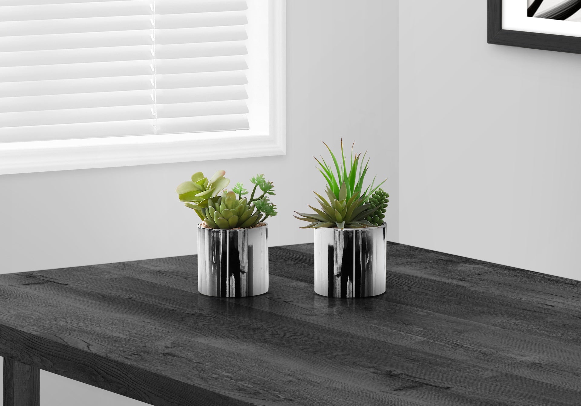 Artificial Plant, 7" Tall, Succulent, Indoor, Faux, Fake, Table, Greenery, Potted, Set Of 2, Decorative, Green Plants, Chrome Pots
