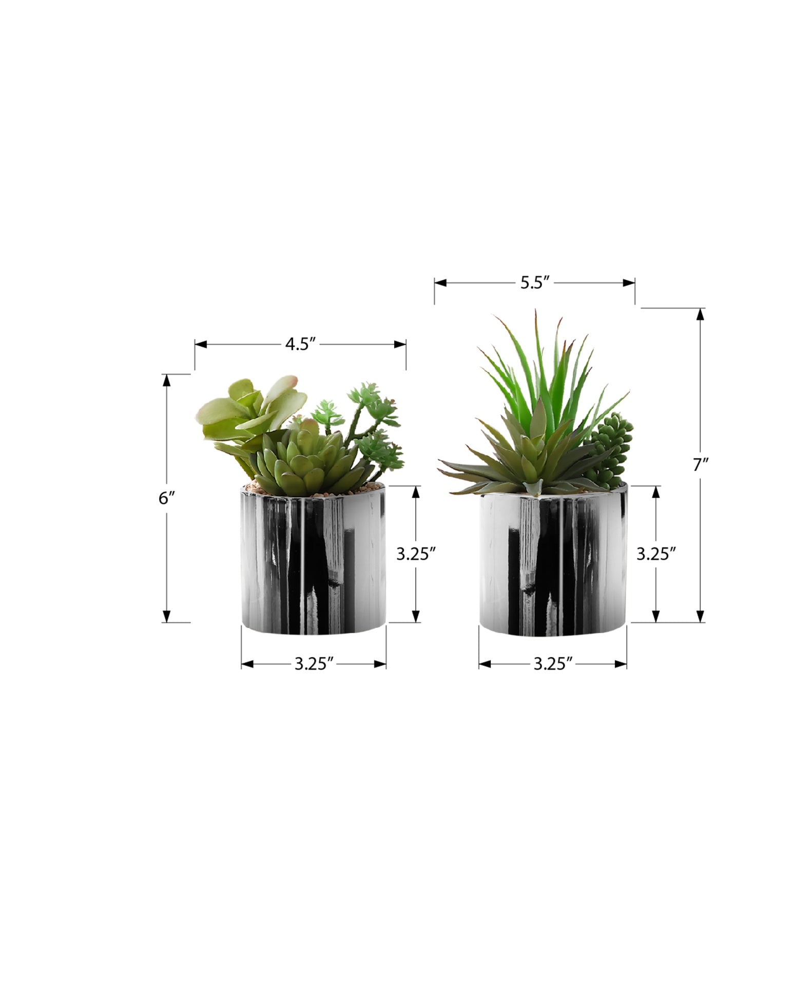 Artificial Plant, 7" Tall, Succulent, Indoor, Faux, Fake, Table, Greenery, Potted, Set Of 2, Decorative, Green Plants, Chrome Pots