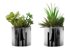 Artificial Plant, 7" Tall, Succulent, Indoor, Faux, Fake, Table, Greenery, Potted, Set Of 2, Decorative, Green Plants, Chrome Pots