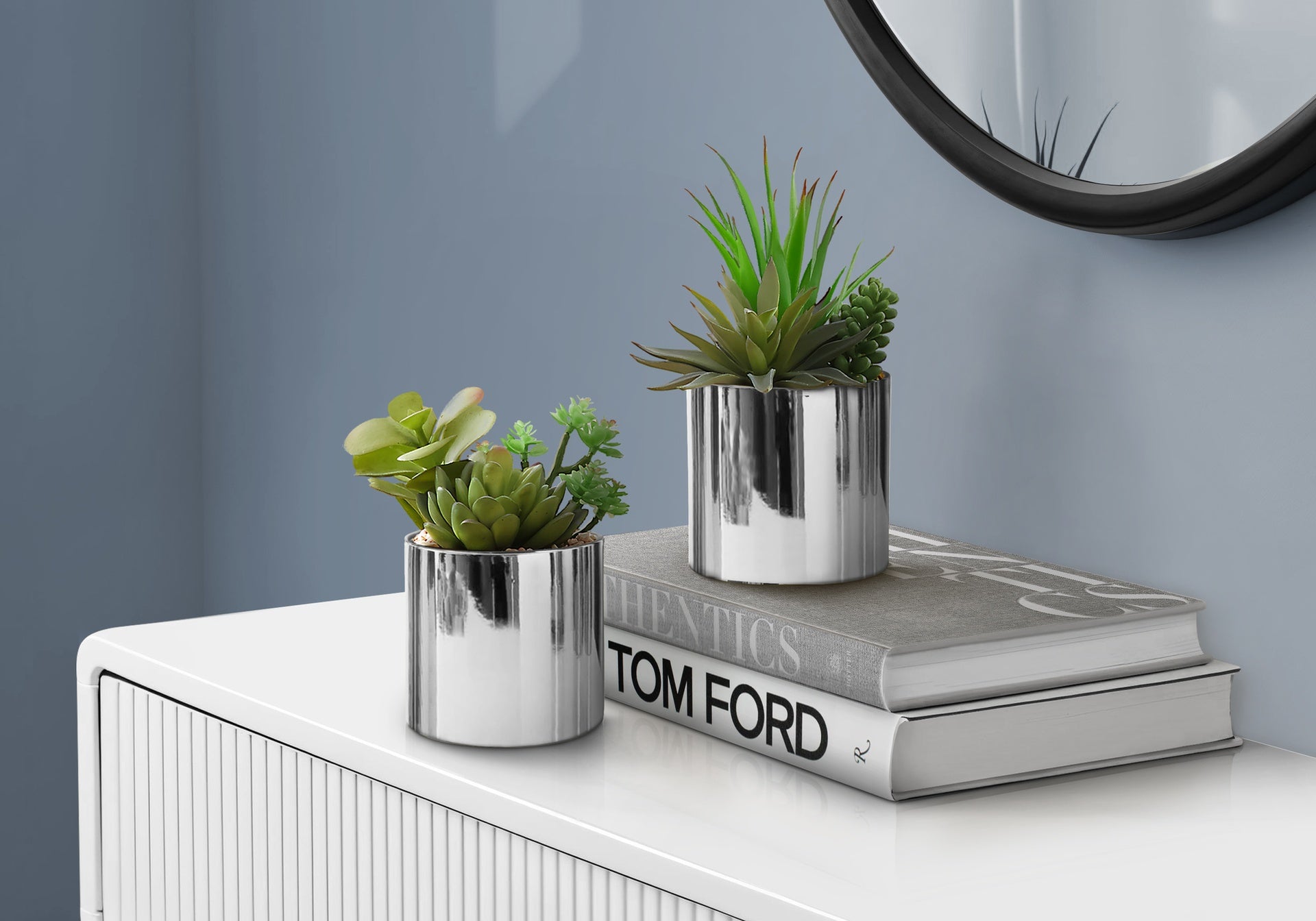 Artificial Plant, 7" Tall, Succulent, Indoor, Faux, Fake, Table, Greenery, Potted, Set Of 2, Decorative, Green Plants, Chrome Pots