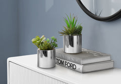 Artificial Plant, 7" Tall, Succulent, Indoor, Faux, Fake, Table, Greenery, Potted, Set Of 2, Decorative, Green Plants, Chrome Pots
