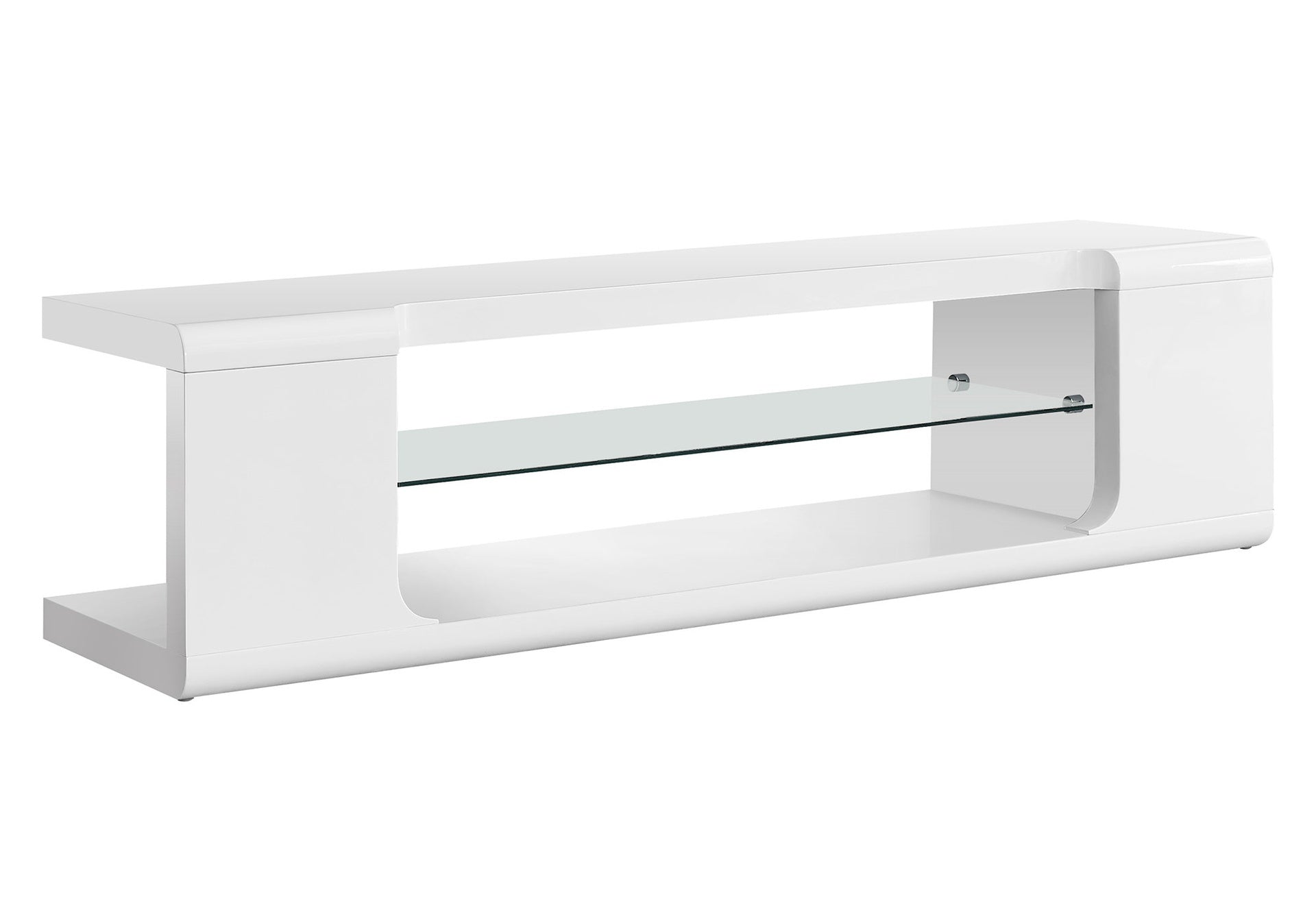 Tv Stand, 60 Inch, Console, Media Entertainment Center, Storage Shelves, Living Room, Bedroom, Glossy White Laminate, Clear Tempered Glass, Contemporary, Modern