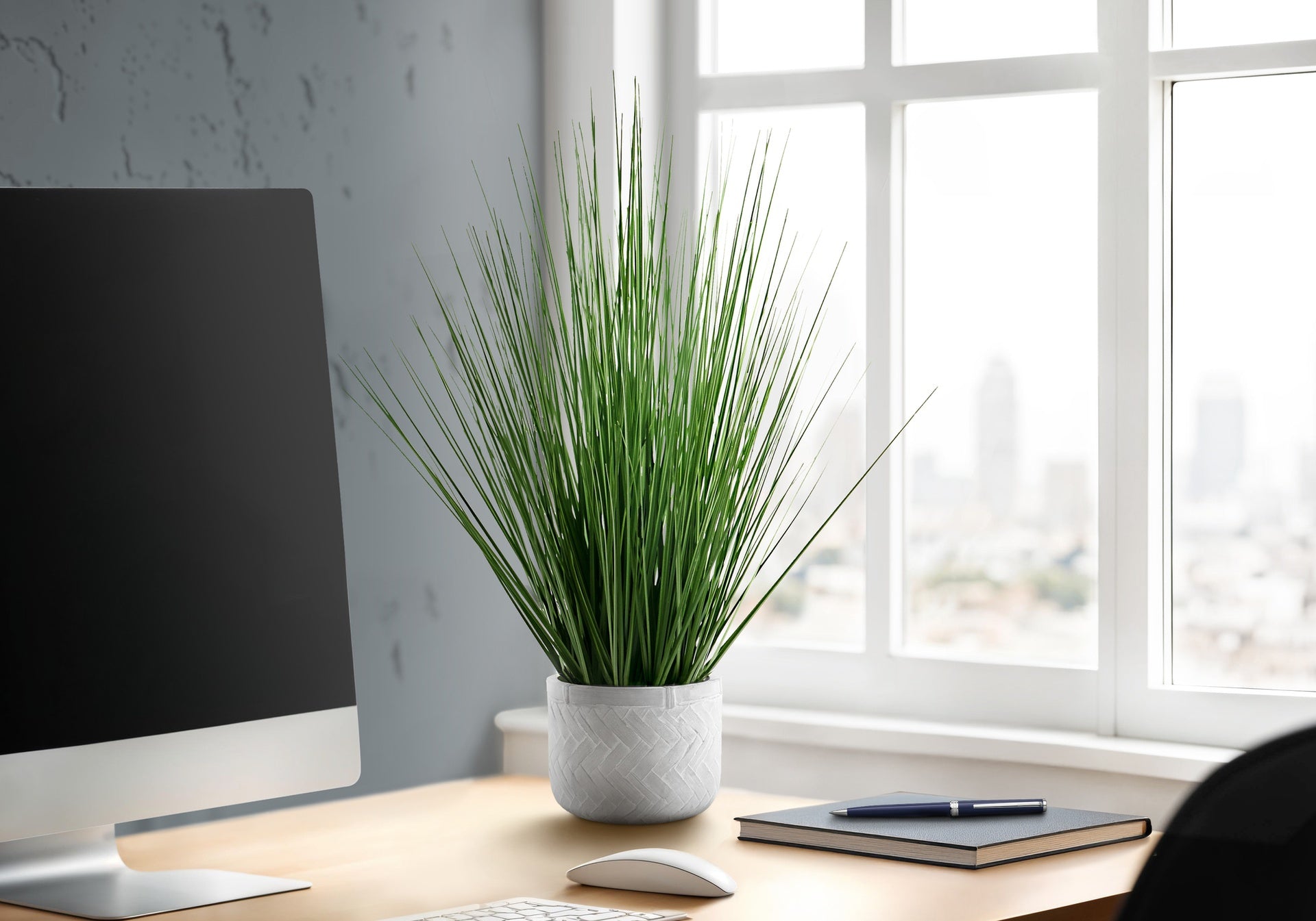 Artificial Plant, 21" Tall, Grass, Indoor, Faux, Fake, Table, Greenery, Potted, Real Touch, Decorative, Green Grass, White Pot