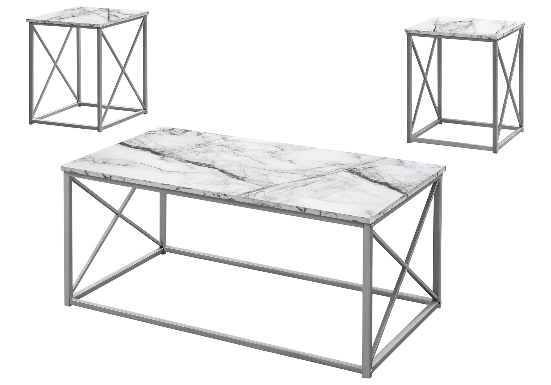 Table Set, 3pcs Set, Coffee, End, Side, Accent, Living Room, White Marble Look Laminate, Grey Metal, Contemporary, Modern