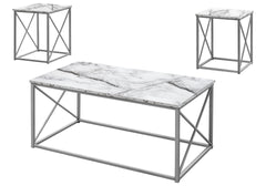Table Set, 3pcs Set, Coffee, End, Side, Accent, Living Room, White Marble Look Laminate, Grey Metal, Contemporary, Modern