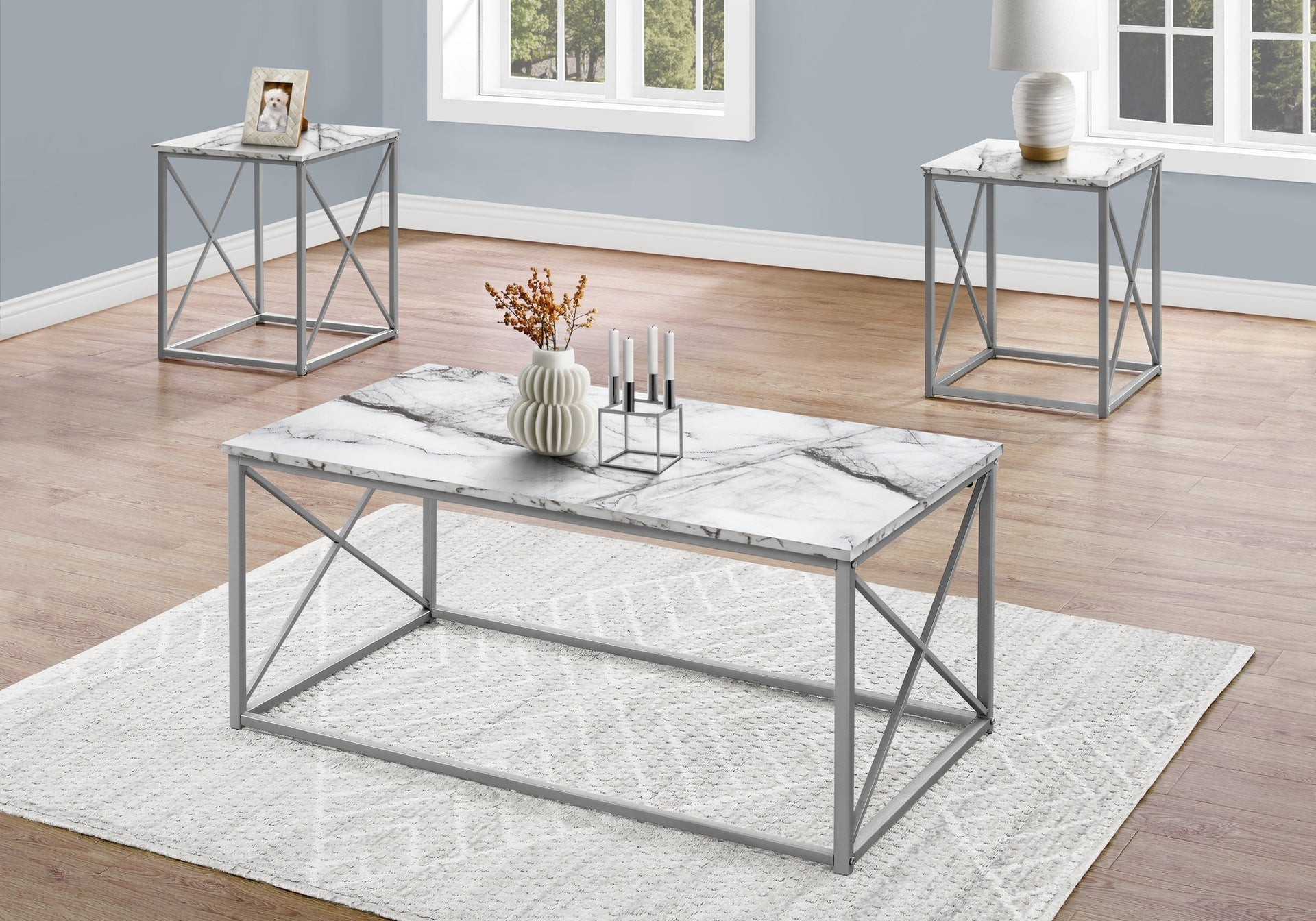 Table Set, 3pcs Set, Coffee, End, Side, Accent, Living Room, White Marble Look Laminate, Grey Metal, Contemporary, Modern