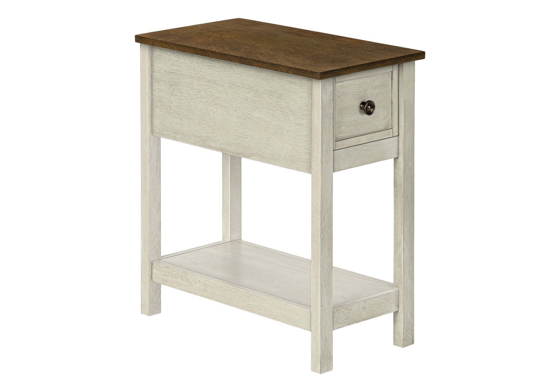 Accent Table, End, Side Table, 2 Tier, Narrow, Bedroom, Lamp, Storage Drawer, Antique White Veneer, Brown Veneer, Transitional