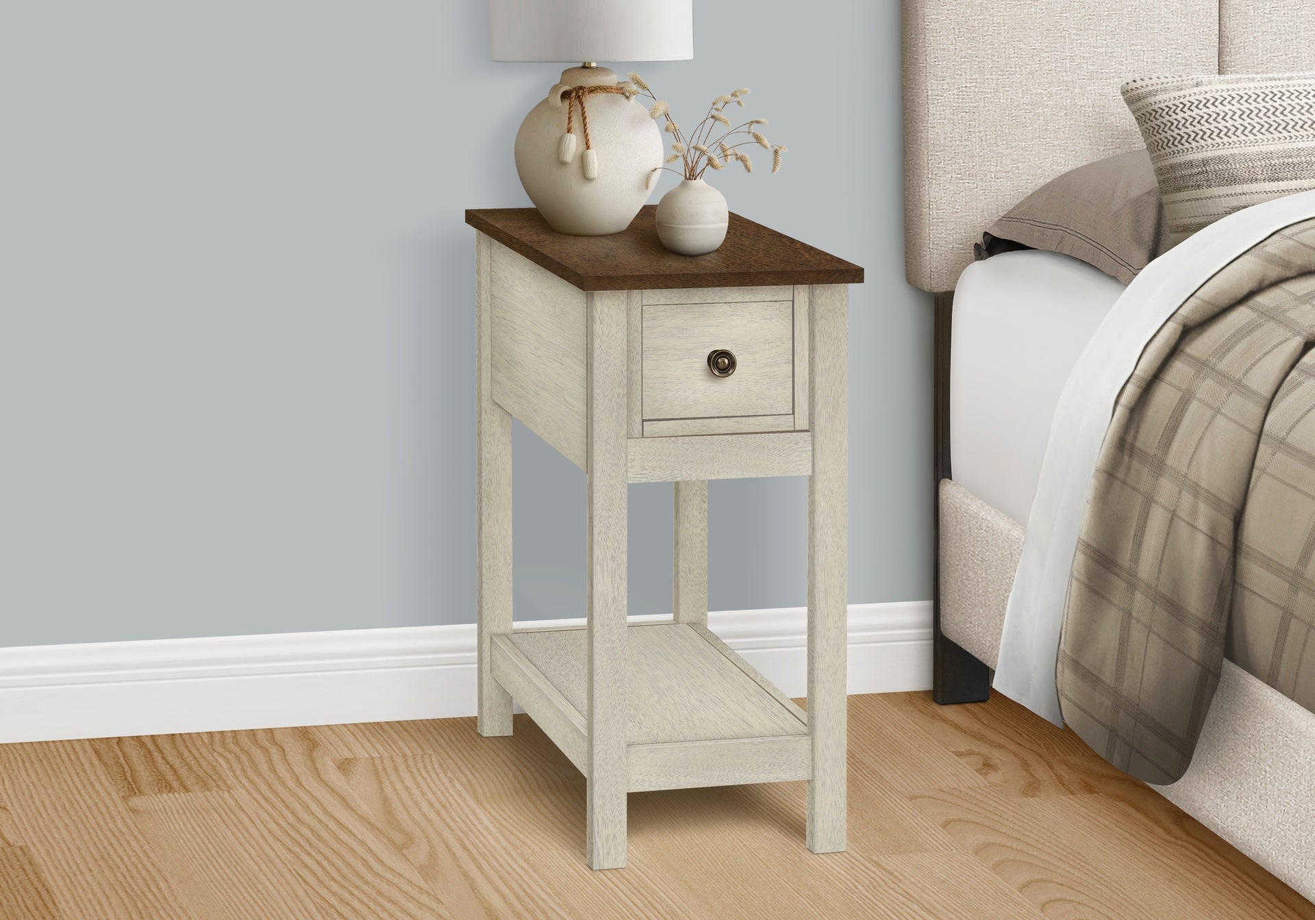 Accent Table, End, Side Table, 2 Tier, Narrow, Bedroom, Lamp, Storage Drawer, Antique White Veneer, Brown Veneer, Transitional