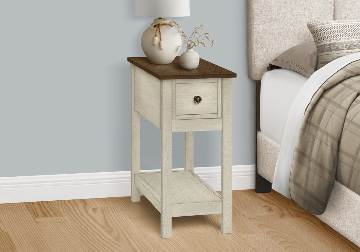 Accent Table, End, Side Table, 2 Tier, Narrow, Bedroom, Lamp, Storage Drawer, Antique White Veneer, Brown Veneer, Transitional