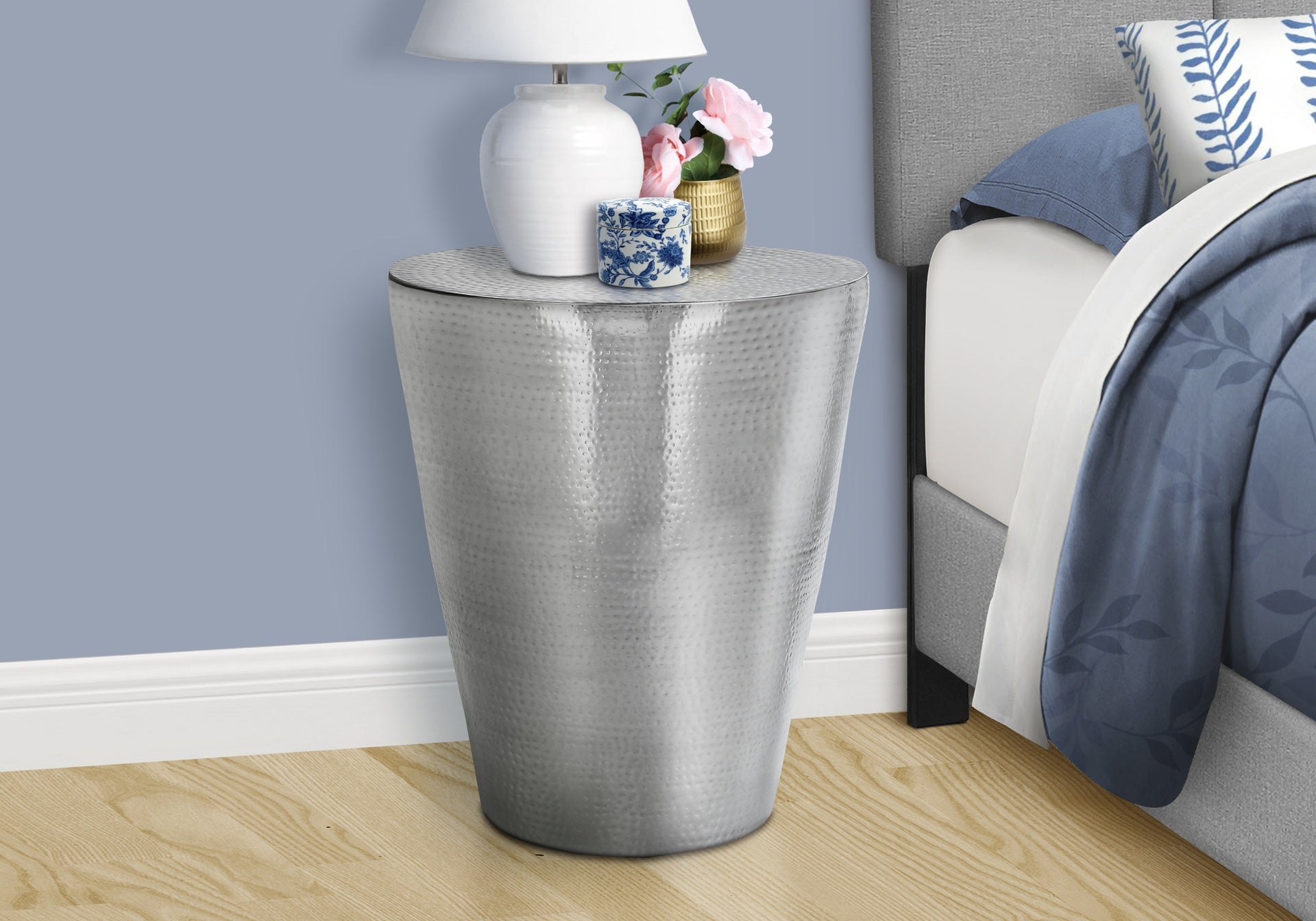 Accent Table, Drum, Side, End, Nightstand, Lamp, Living Room, Bedroom, Chrome Metal, Contemporary, Modern