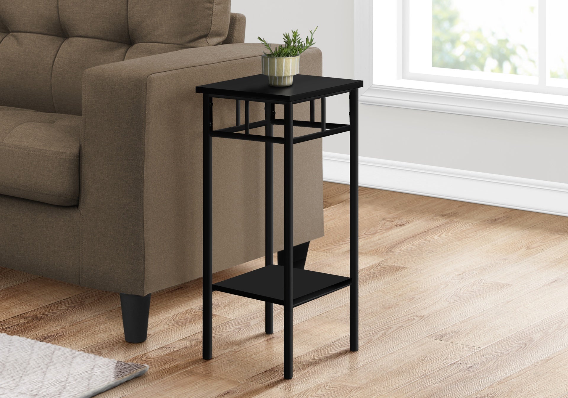 Accent Table, Side, End, Plant Stand, Square, Living Room, Bedroom, Black Laminate, Black Metal, Contemporary, Modern