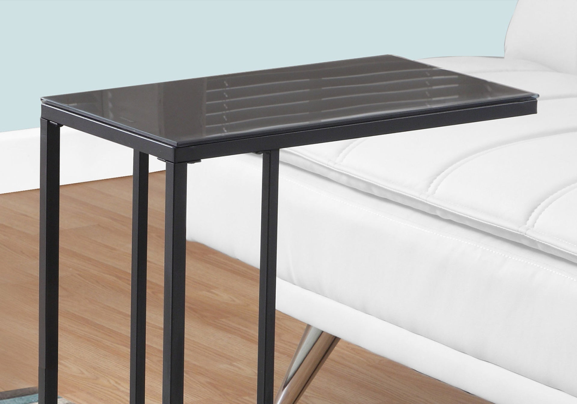 Accent Table, C-shaped, End, Side, Snack, Living Room, Bedroom, Black Tempered Glass, Black Metal, Contemporary, Modern
