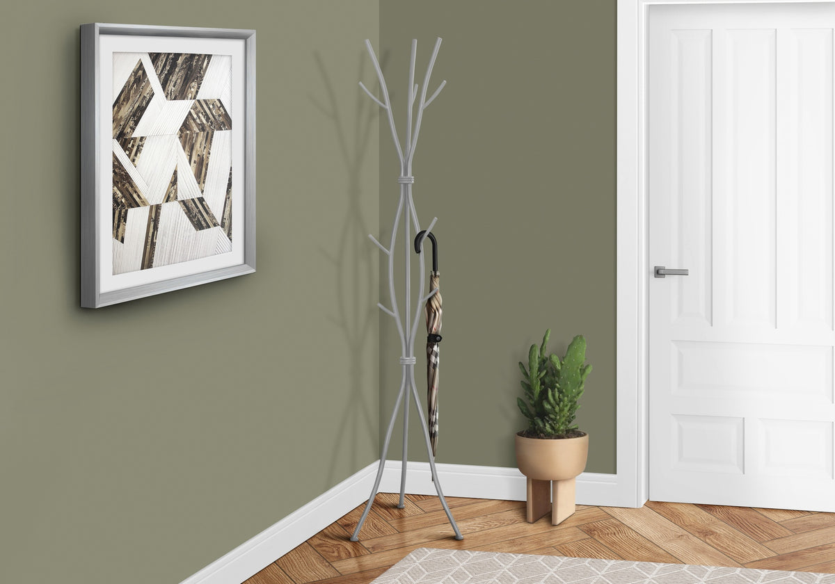 Coat Rack, Hall Tree, Free Standing, 11 Hooks, Entryway, 74"h, Bedroom, Grey Metal, Contemporary, Modern