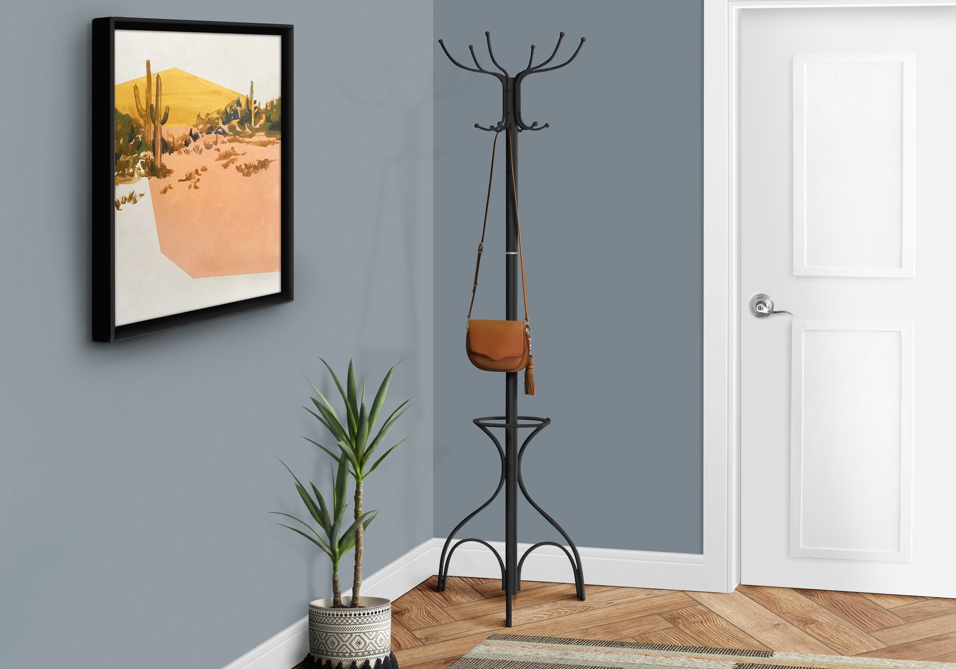 Coat Rack, Hall Tree, Free Standing, 12 Hooks, Entryway, 70"h, Umbrella Holder, Bedroom, Black Metal, Transitional