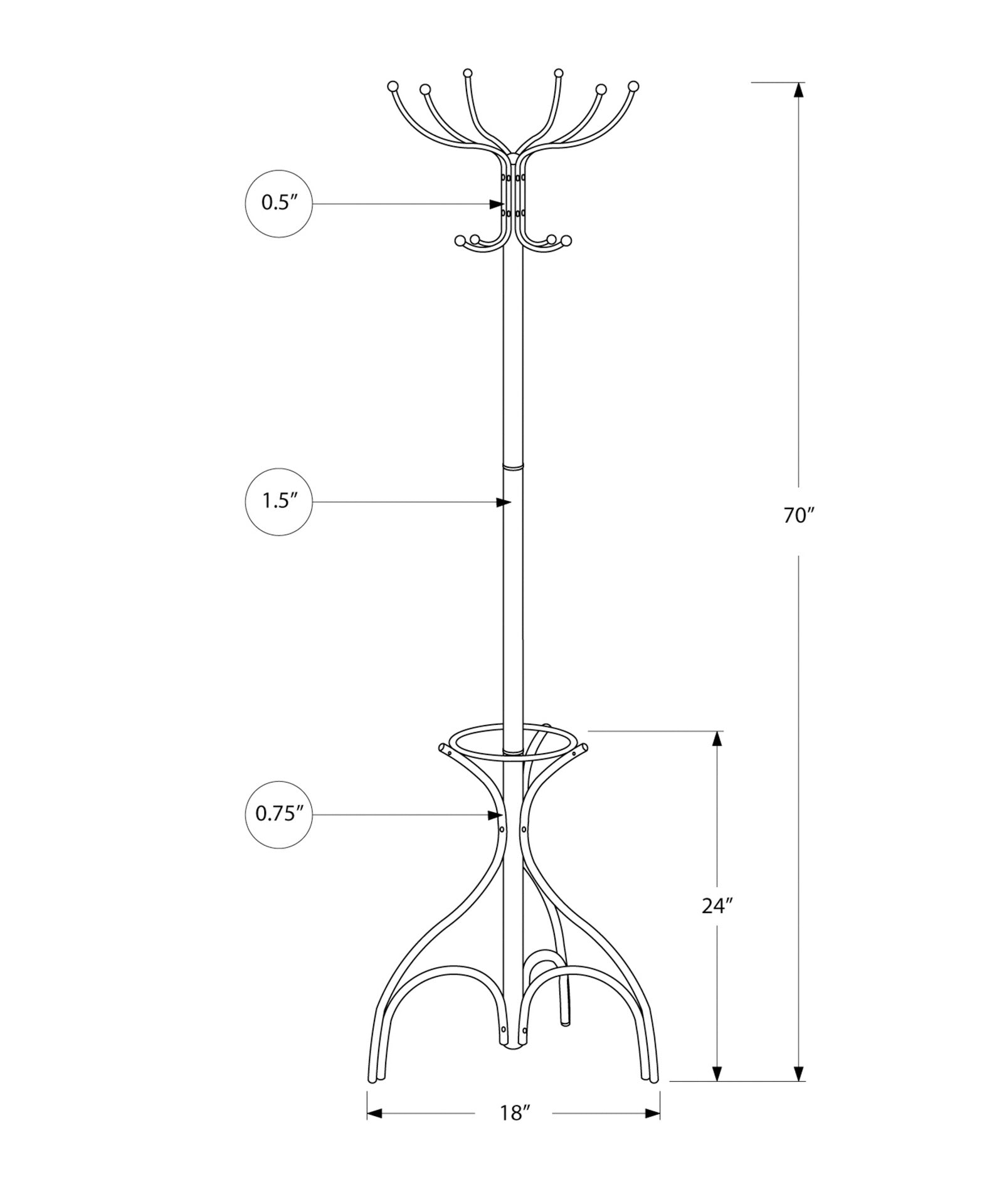 Coat Rack, Hall Tree, Free Standing, 12 Hooks, Entryway, 70"h, Umbrella Holder, Bedroom, Black Metal, Transitional