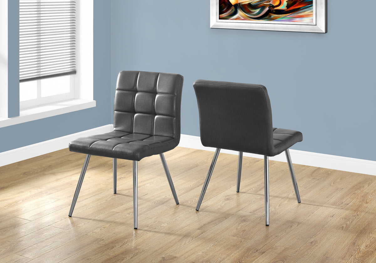 Dining Chair, Set Of 2, Side, Upholstered, Kitchen, Dining Room, Grey Leather Look, Chrome Metal, Contemporary, Modern