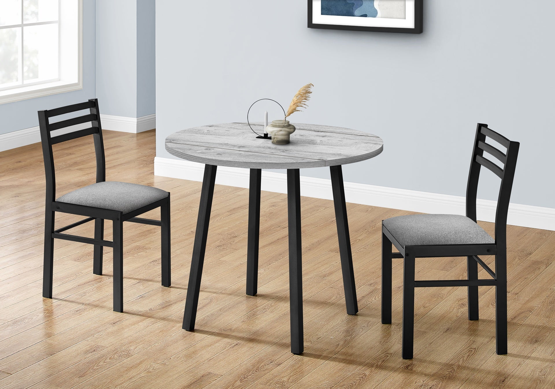 Dining Table Set, 3pcs Set, Small, 35" Drop Leaf, Kitchen, Black Metal, Grey Laminate, Contemporary, Modern