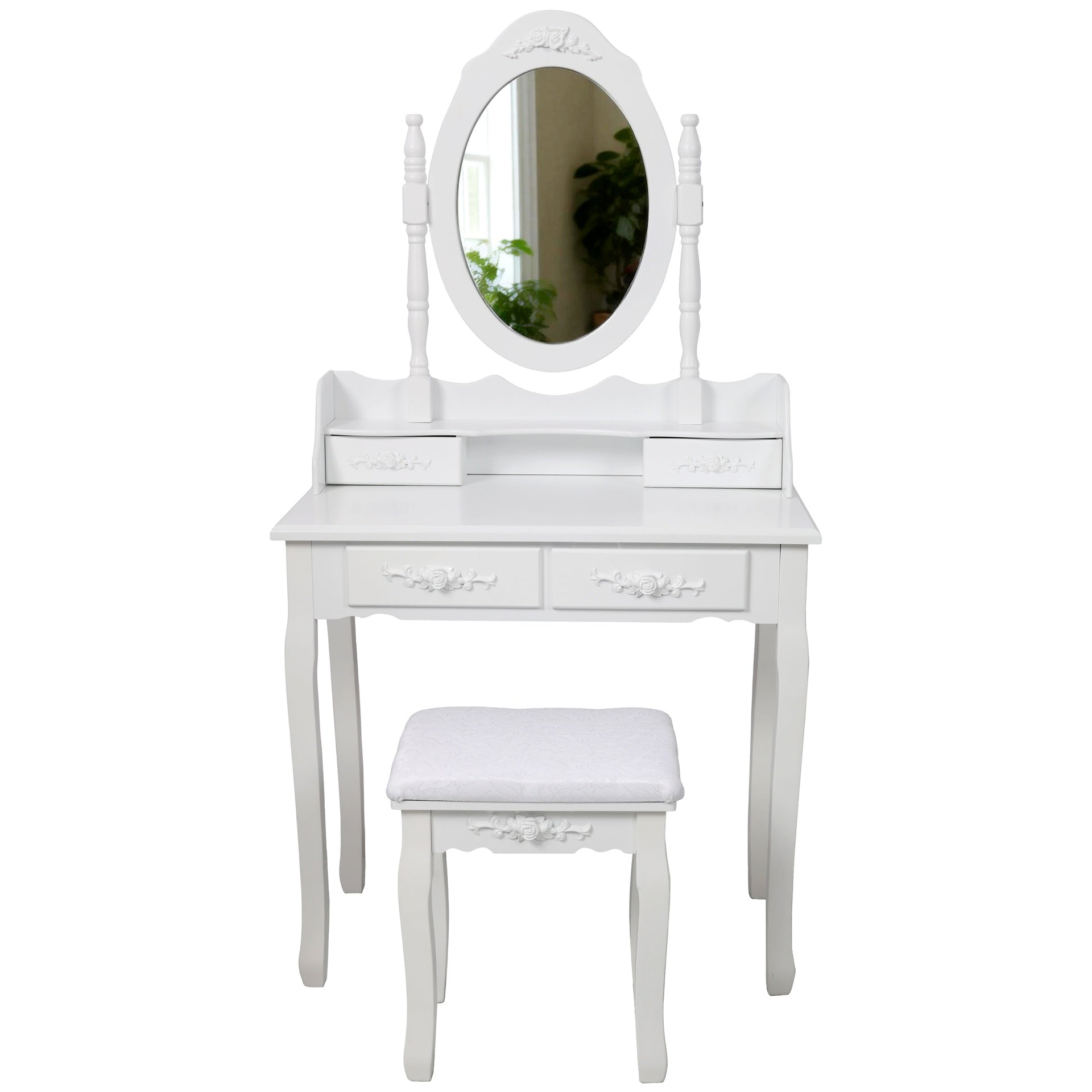 White Princess Vanity Desk Set with Mirror & Cushioned Stool, 4-Drawer Wooden Makeup Vanity Table for Girls' Bedroom, Dressing Table with Ample Storage