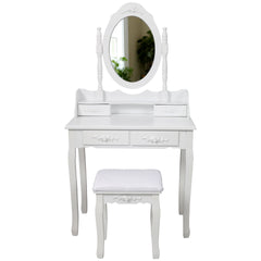 White Princess Vanity Desk Set with Mirror & Cushioned Stool, 4-Drawer Wooden Makeup Vanity Table for Girls' Bedroom, Dressing Table with Ample Storage