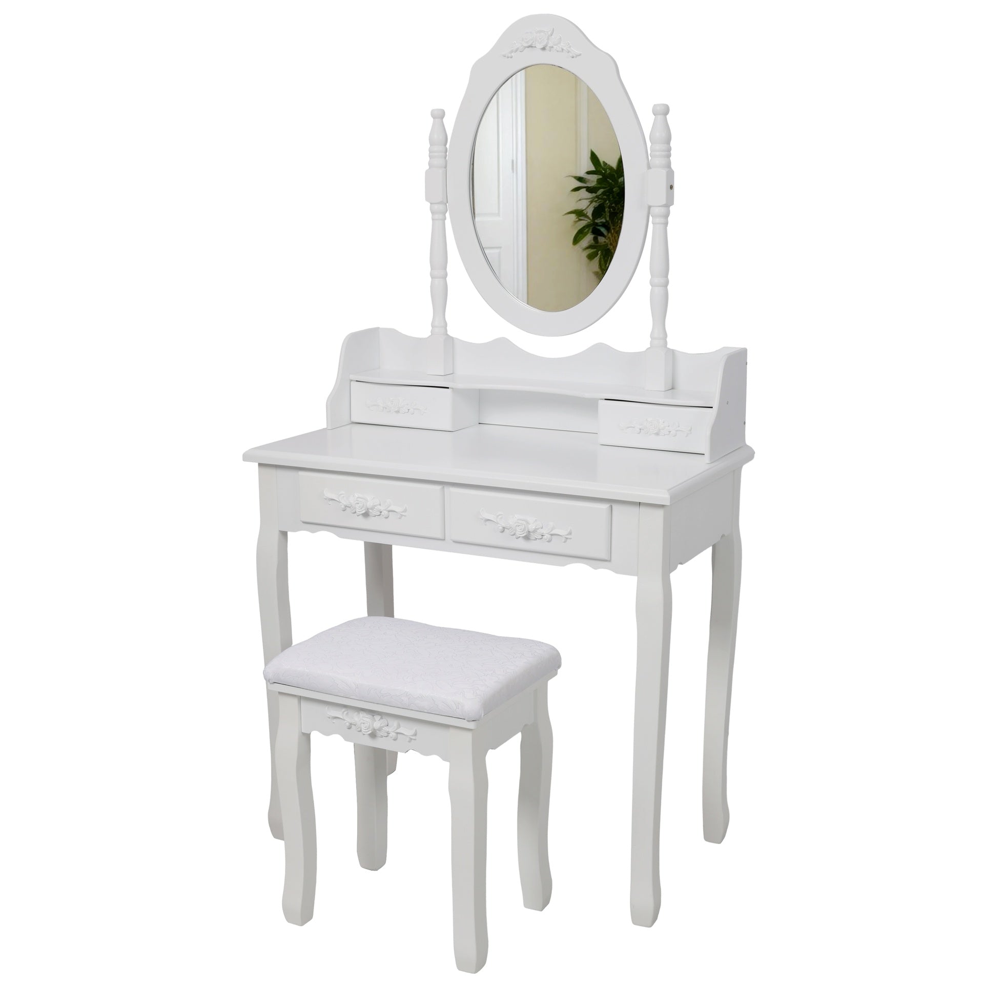 White Princess Vanity Desk Set with Mirror & Cushioned Stool, 4-Drawer Wooden Makeup Vanity Table for Girls' Bedroom, Dressing Table with Ample Storage