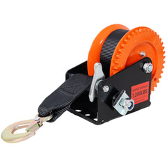 1200LBS Hand Winch,with 19.6FT Black Strap, Orange & Black Shell,4.1:1 Gear Ratio Portable Winch,Two-Way Ratchet,Manual Operated Hand Crank Winch for Trailer, Boat or ATV Towing