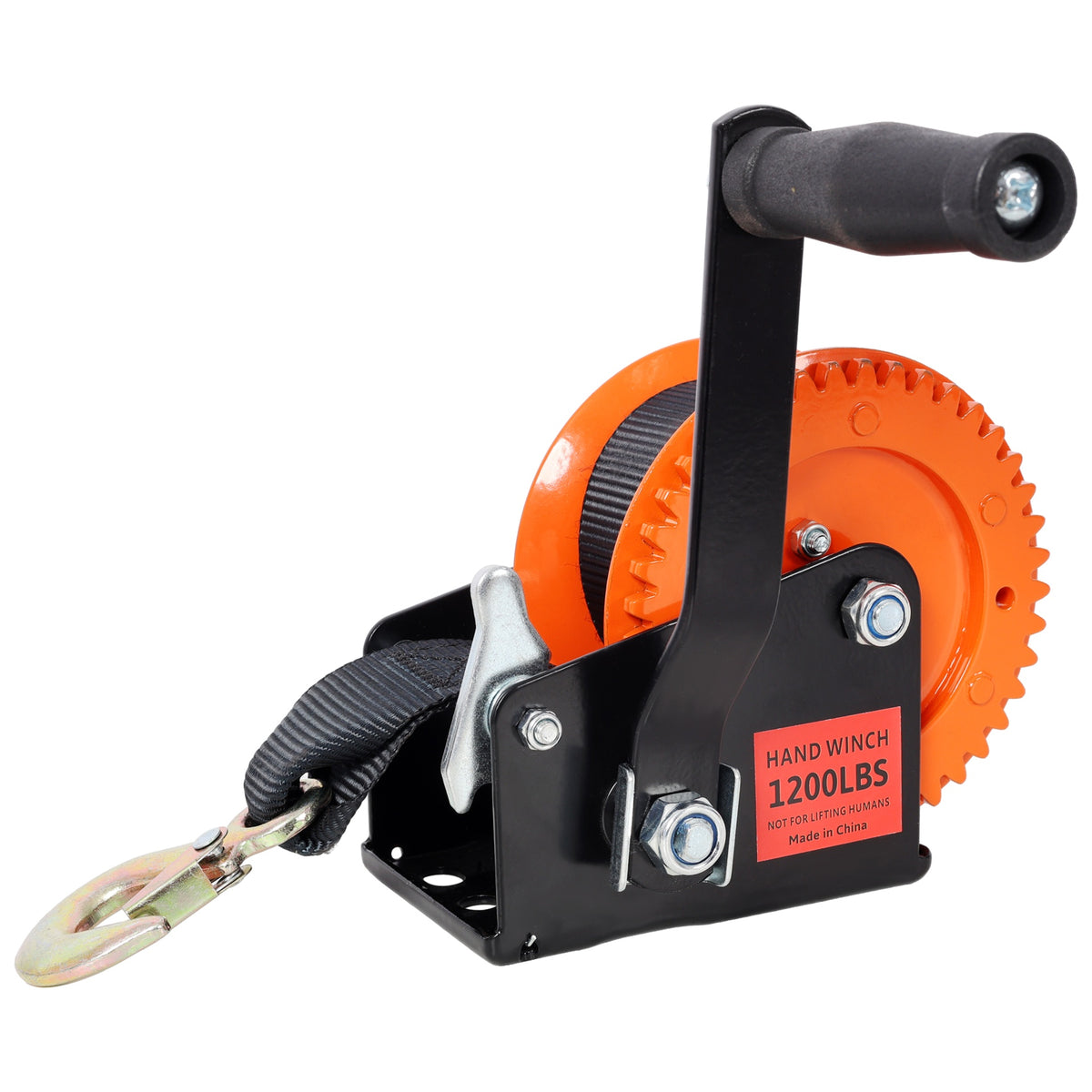 1200LBS Hand Winch,with 19.6FT Black Strap, Orange & Black Shell,4.1:1 Gear Ratio Portable Winch,Two-Way Ratchet,Manual Operated Hand Crank Winch for Trailer, Boat or ATV Towing