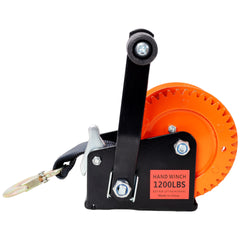 1200LBS Hand Winch,with 19.6FT Black Strap, Orange & Black Shell,4.1:1 Gear Ratio Portable Winch,Two-Way Ratchet,Manual Operated Hand Crank Winch for Trailer, Boat or ATV Towing