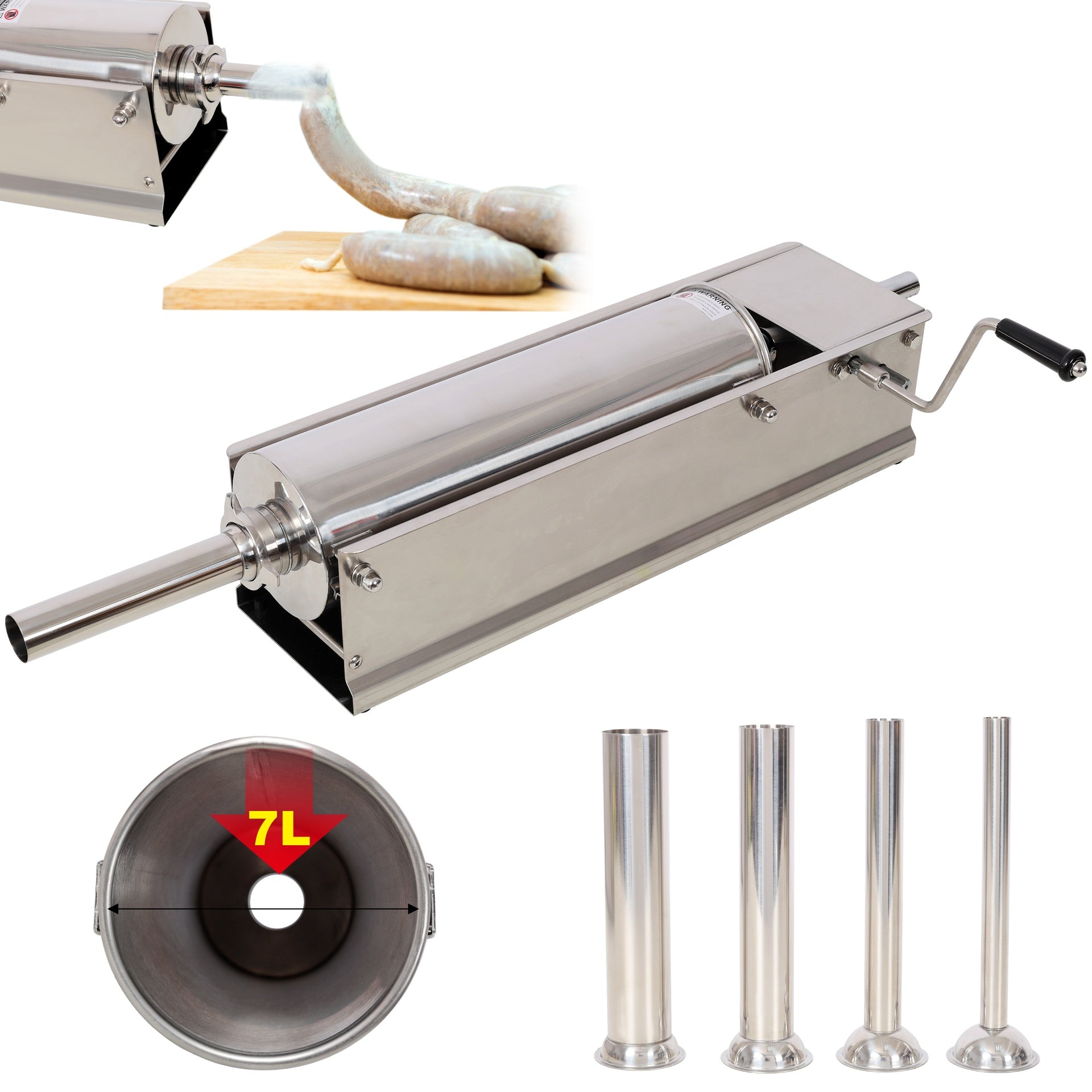 7L/15LBS Horizontal Sausage Stuffer,Stainless Steel,Manual Sausage Maker,With 4PCS Filling Nozzles, For Home & Commercial Use